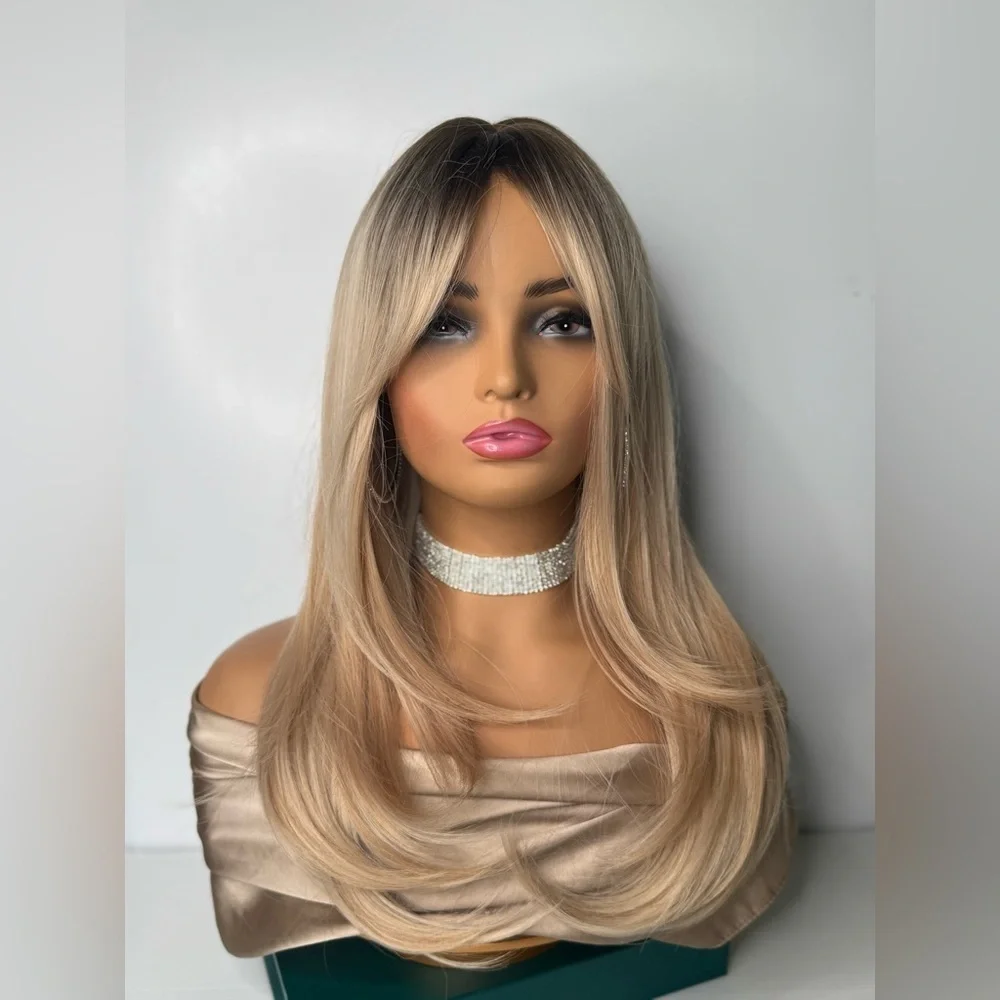 24 Inch Straight Blonde Layered hair Wig With Curtain Bangs Dark Roots